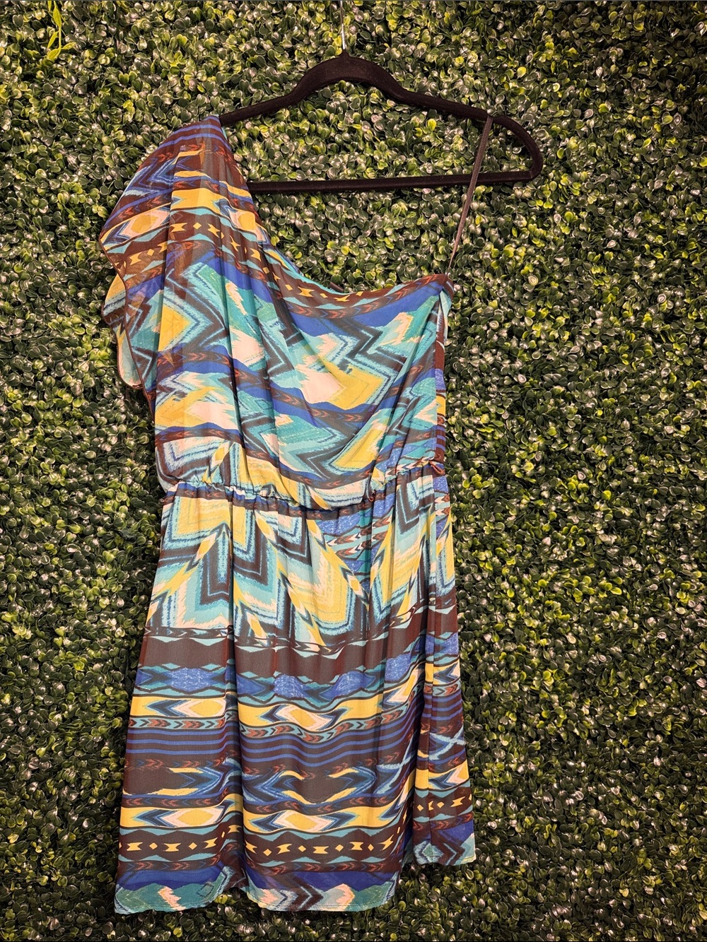 BCX One-Shoulder Geometric Dress in Teal, Yellow & Brown